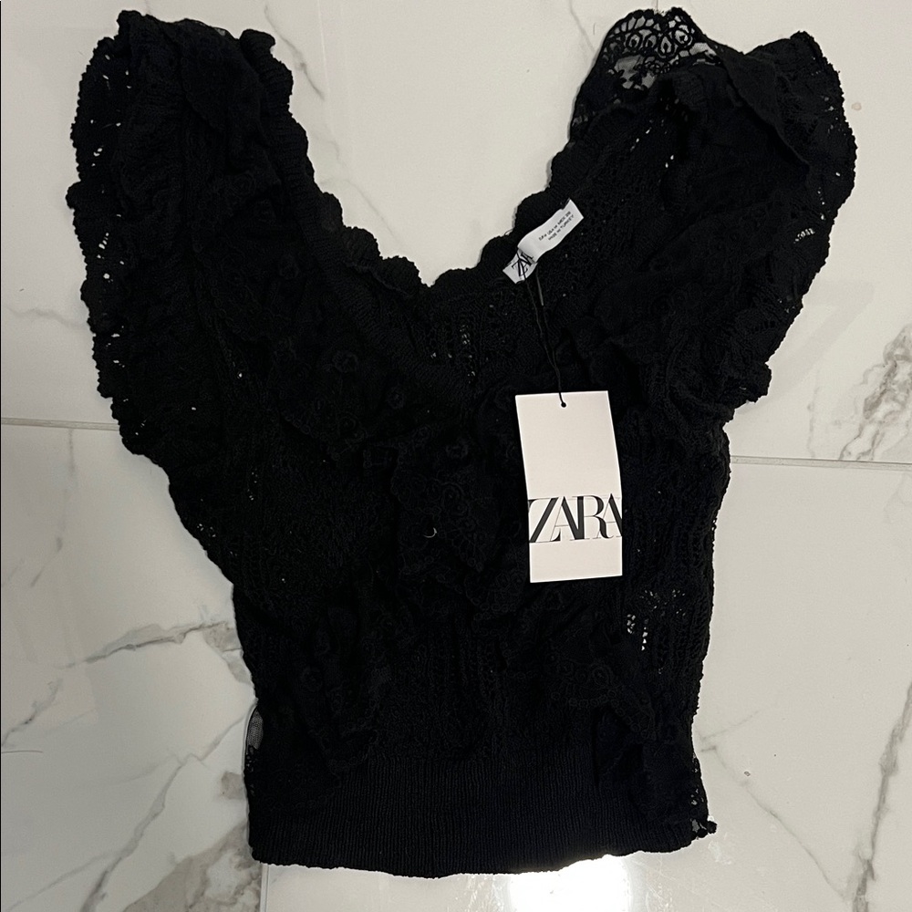 Zara Black Ruffled Lace Sweater Blouse